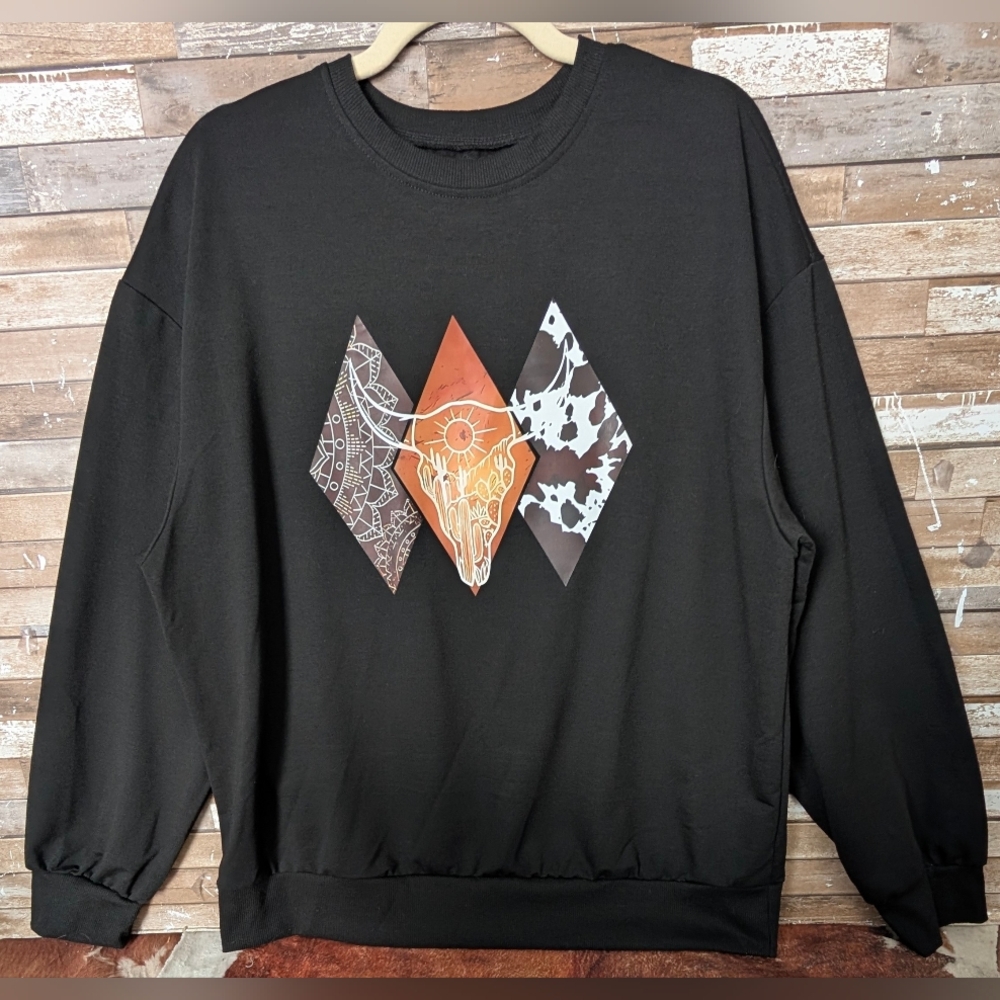 New Black Sweatshirt W Boho Western Diamond Screenprint Bull Animal Print